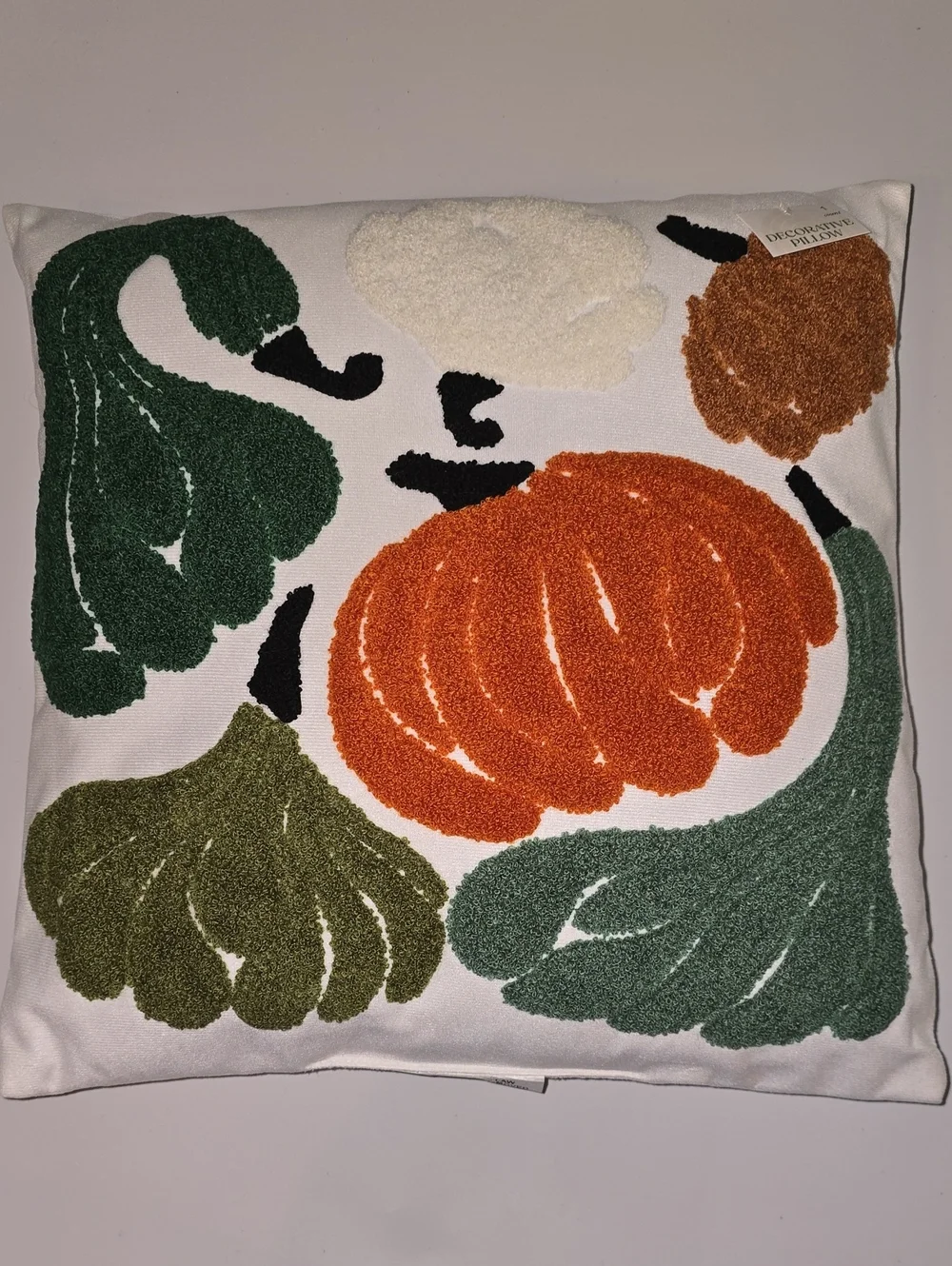 Decorative Harvest Pumpkin Hooked Pillow - White with Orange & Greens